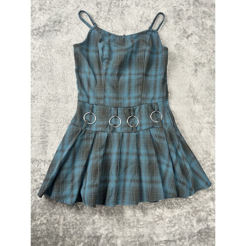 Social Collision Womens M Teal Black Plaid Mall Goth O Ring Mini Dress Punk Rock
